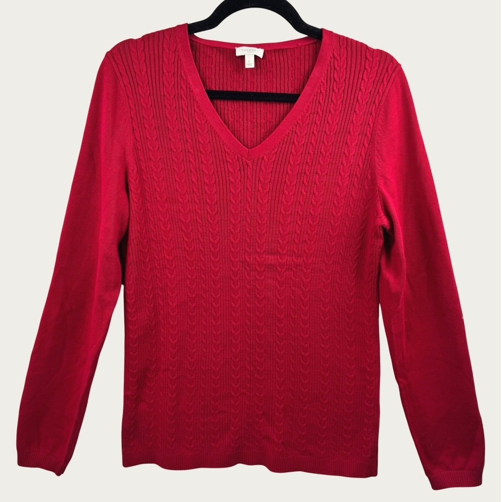 Talbots Cable Knit Sweater Women Large Red V-Neck Cotton Preppy Academic Classic